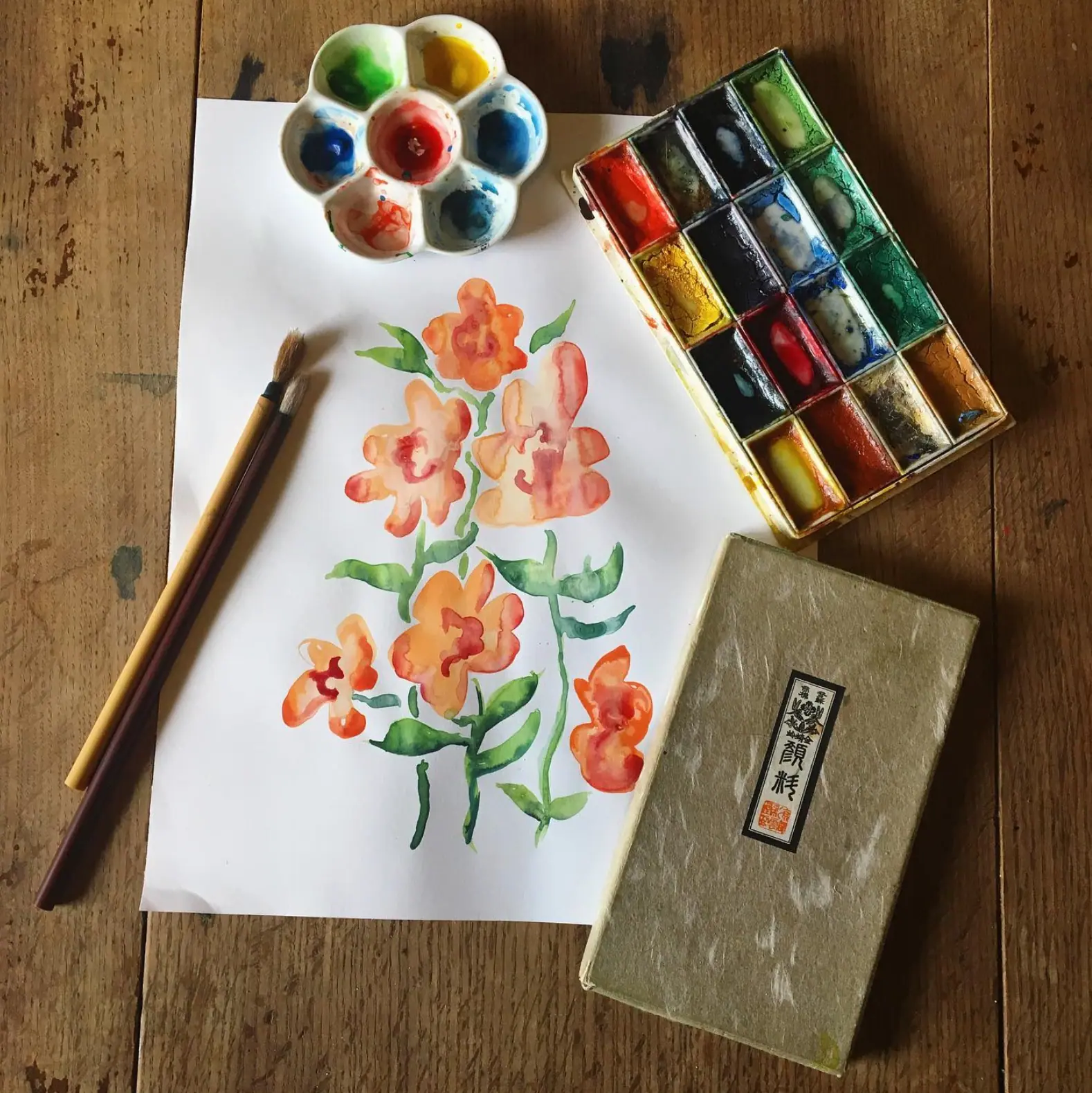 Photo of a watercolor paint set and a painting of flowers.