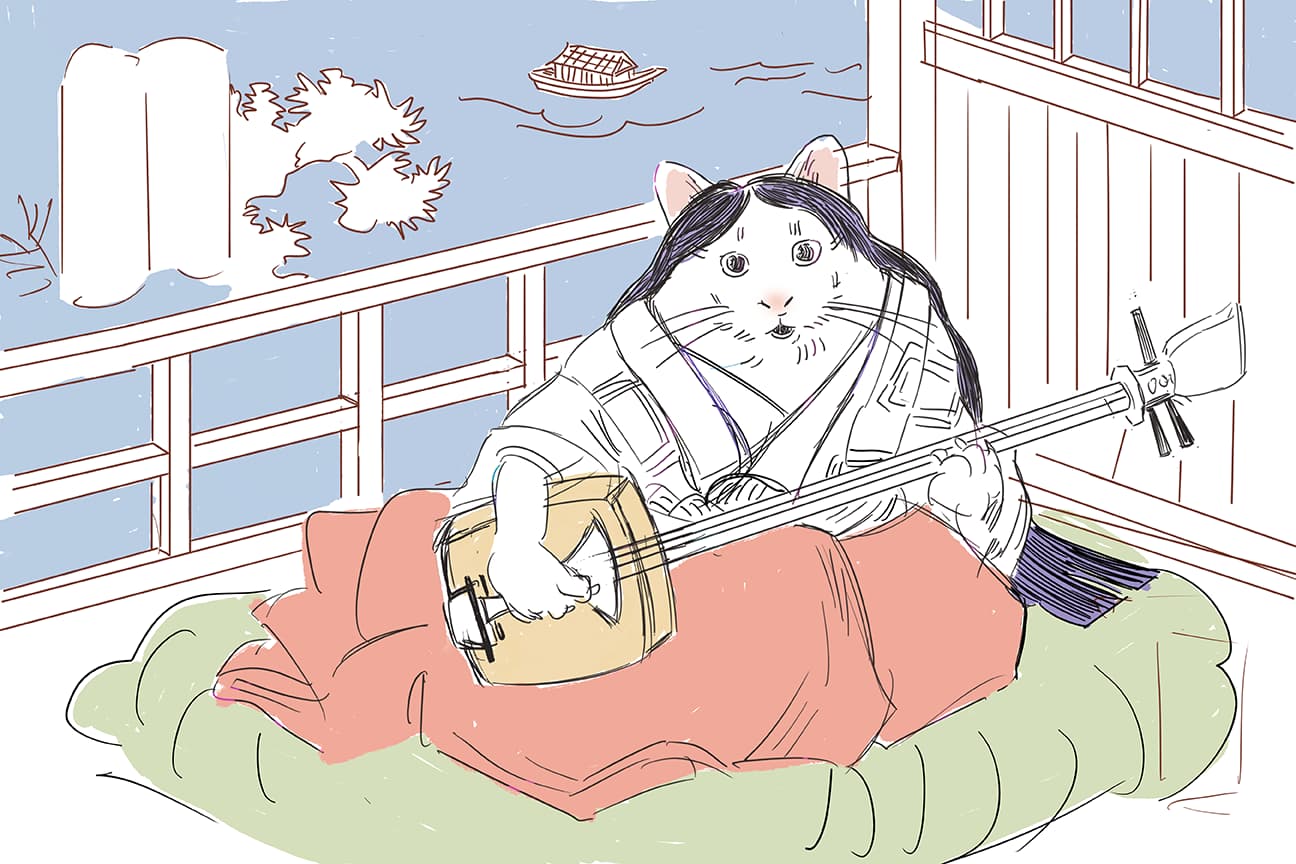 An ukiyo-e inspired sketch of a cat playing a biwa