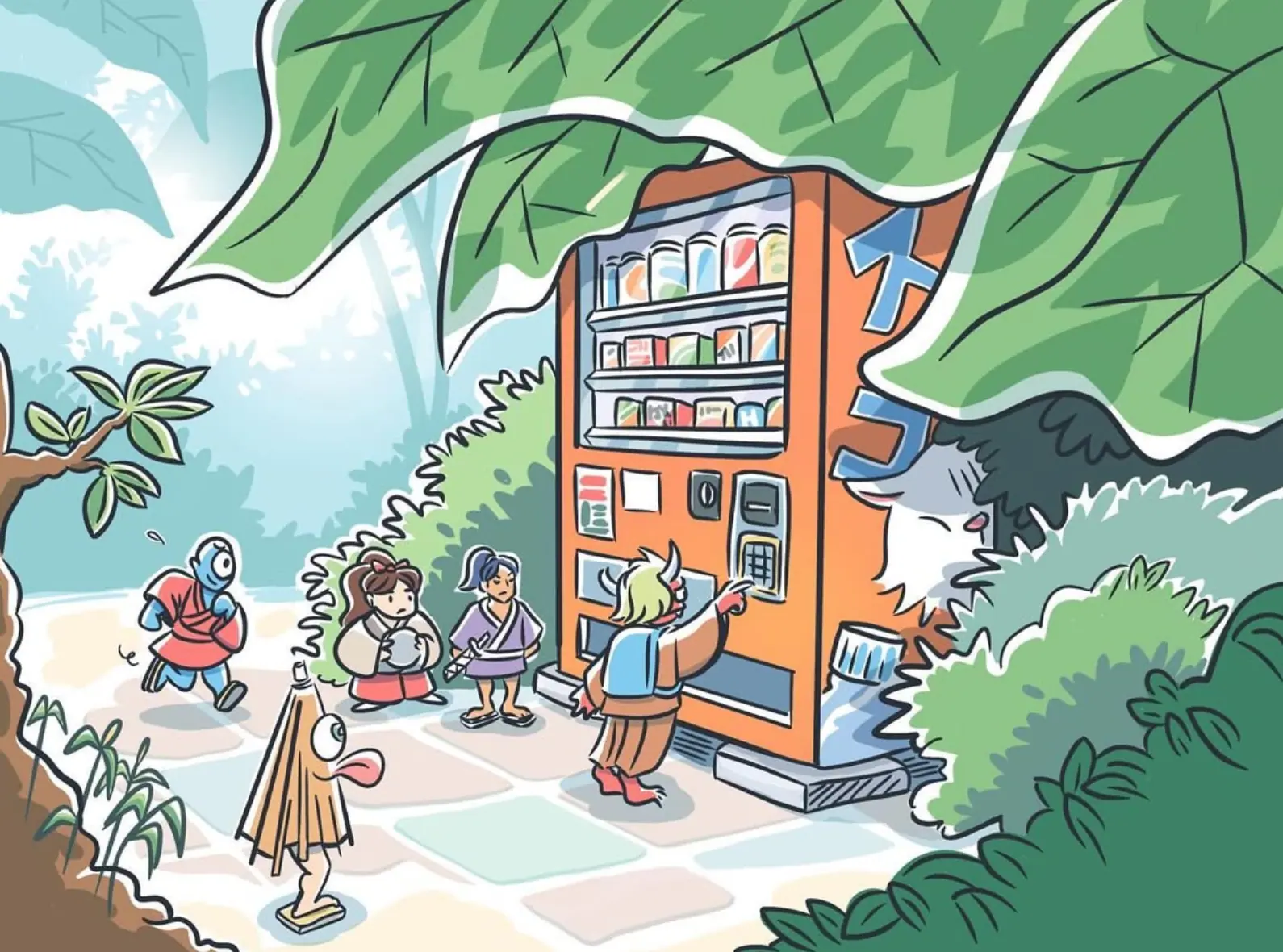 An illustration of mini yokai characters at an overgrown vending machine
