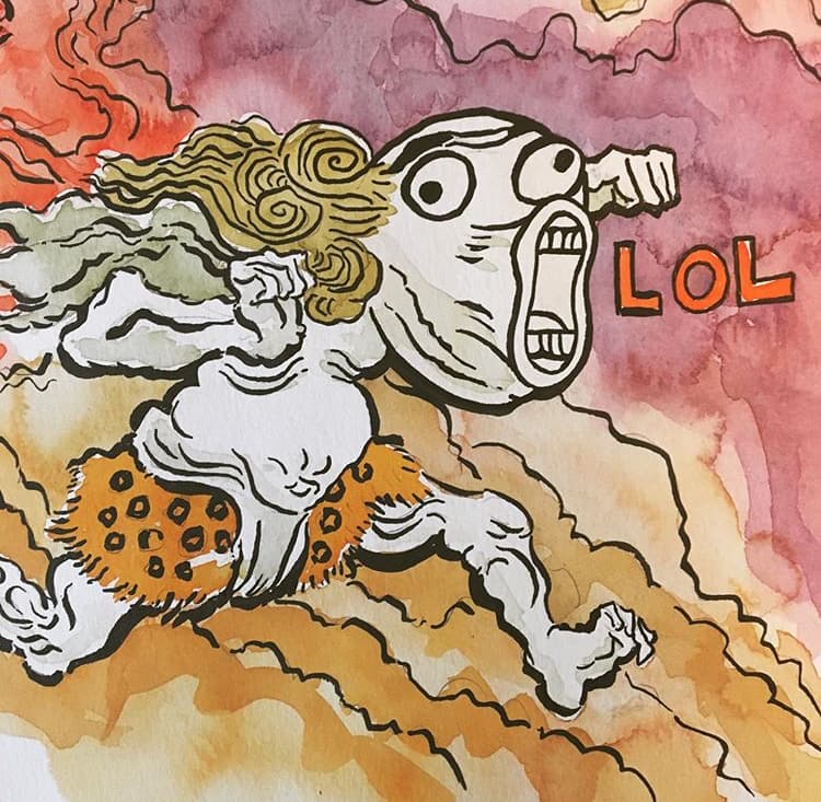 a watercolor painting of a yokai inspired by the lol rage face meme