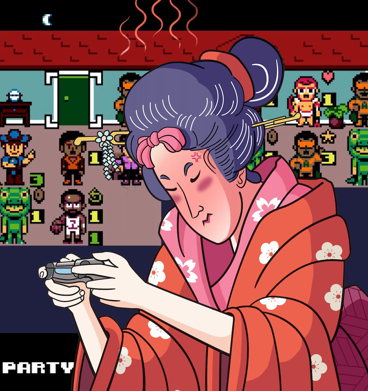 a frustrated woman wearing a kimono and holding a video game controller