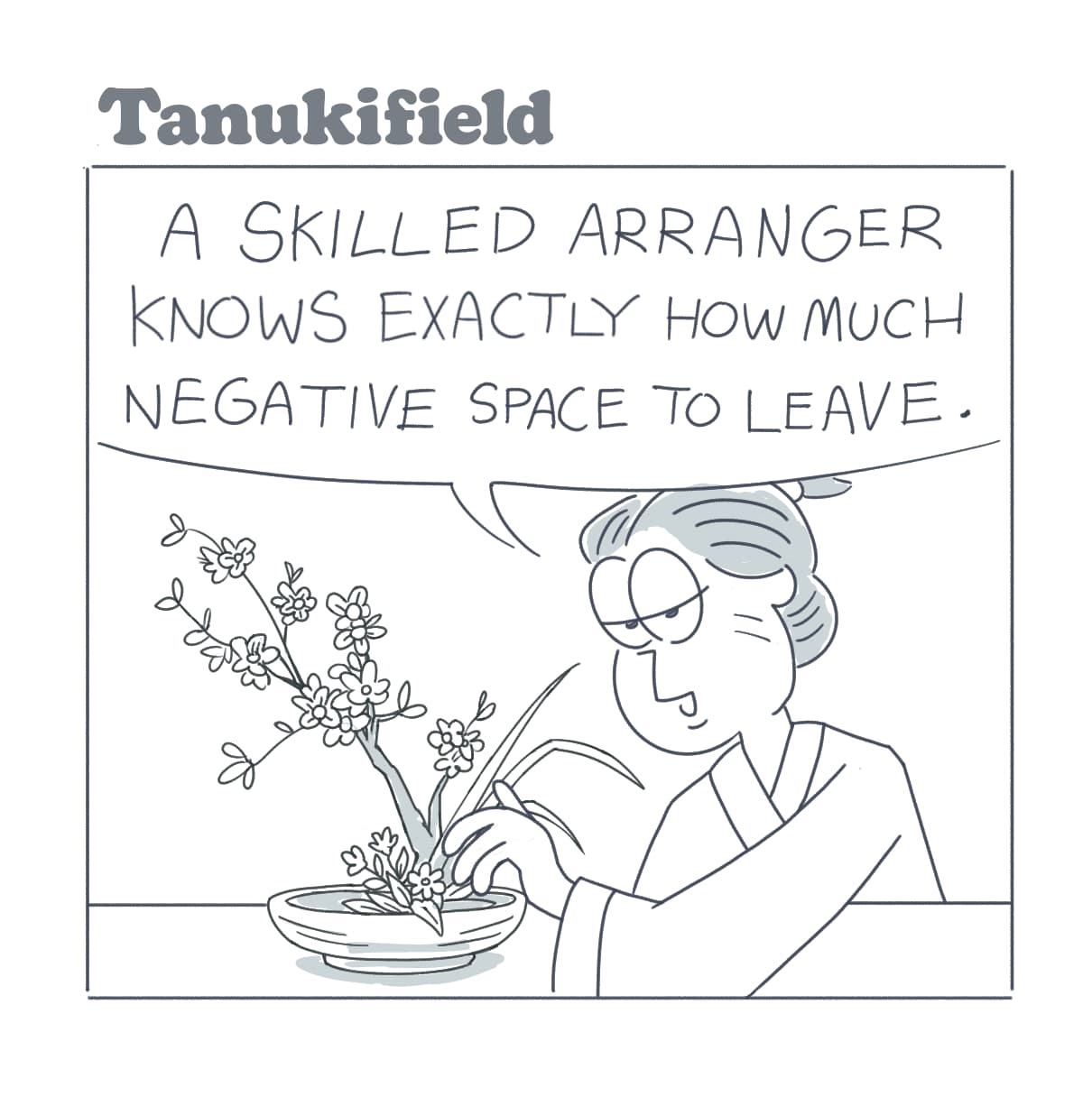 A comic panel depicting an Edo period man showcasing his ikebana arrangement