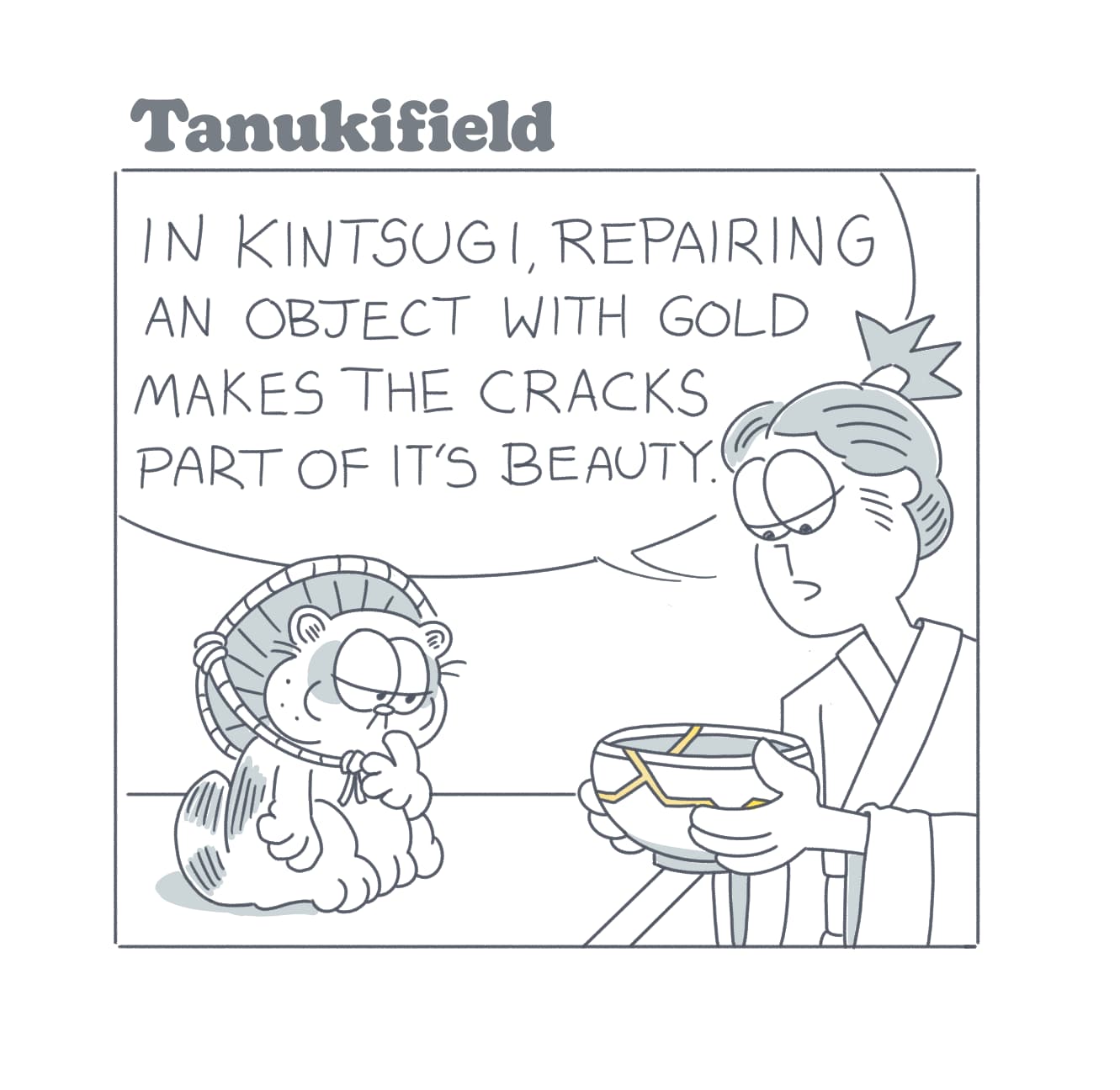 A cartoon image a man holding a cracked bowl and talking to a tanuki