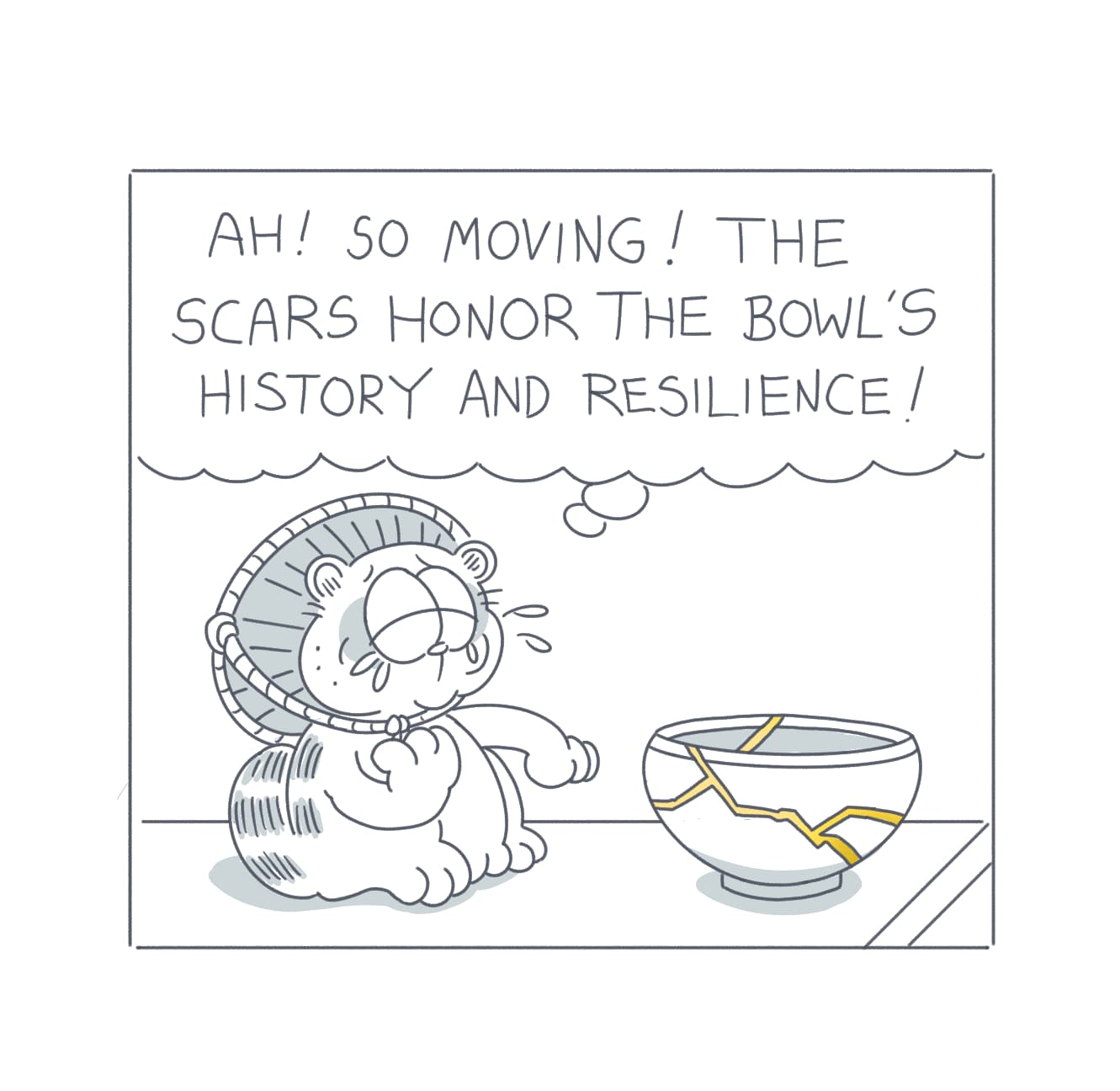 A cartoon image of a tanuki observing a repaired cracked bowl